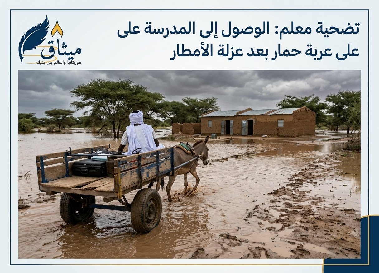 صورة اليوم: تضحية معلم يصل الي مدرسته علي عربة حمار بعد ان عزلت الامطار  المنطقة